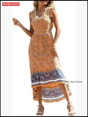 Floral V-Neck Maxi Dress with Ruffle Cap Sleeves and High-Low Hem